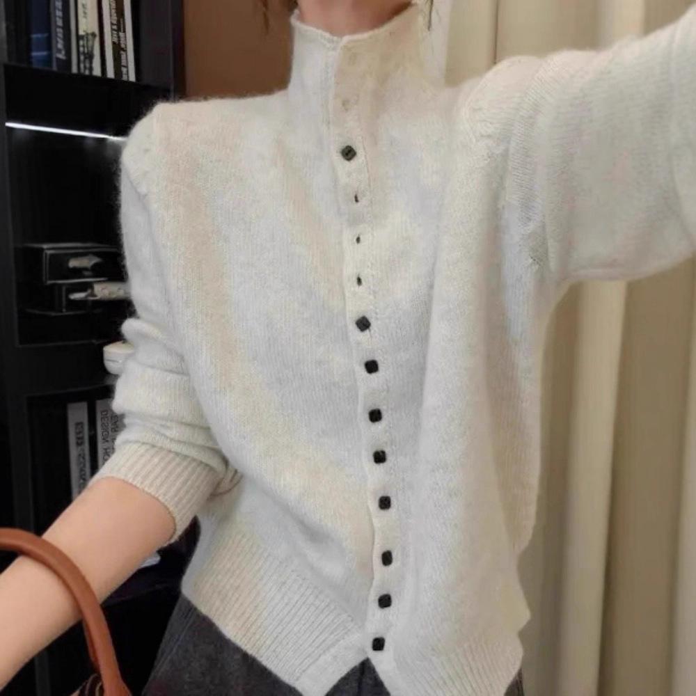 Elegant 100% Wool Stand Collar Sweater Cardigan for Women - Chic and Casual Niche Style
