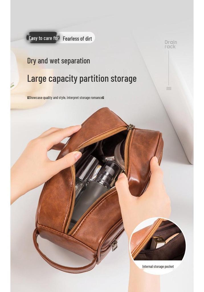 Men's Luxury PU Leather Makeup Bag - Large Capacity, Handheld, Elegant Wash Bag