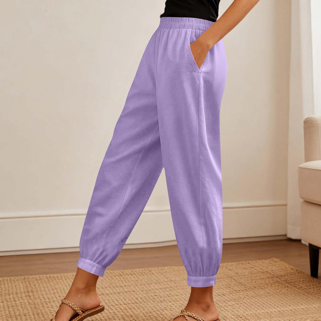 Women's Fashionable Color High Waisted Pocket Cotton Linen Daily Casual Pants