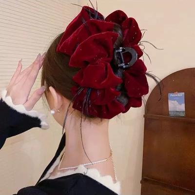 Autumn and Winter Velvet Pearl Grab Clip Red Bow Hairpin Back Head Ponytail Clip Hairpin