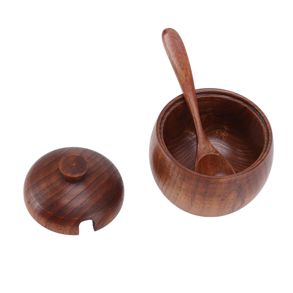 Wood Spice Jar Sugar Bowl Salt Box Seasonings Storage Container with Spoon Lid Kitchen Tool