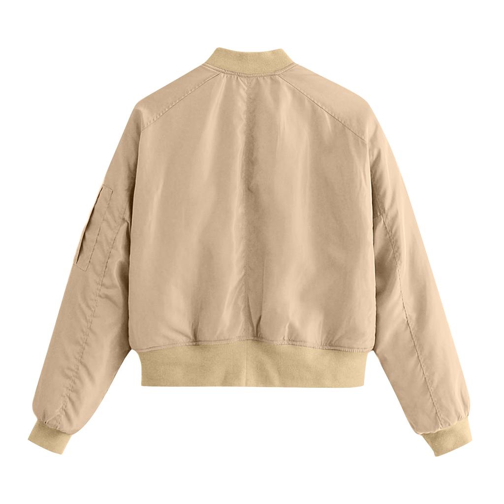 Ladies' Solid Color Fashionable Large Pocket Long Sleeved Zipper Casual Top  Jacket Jacket