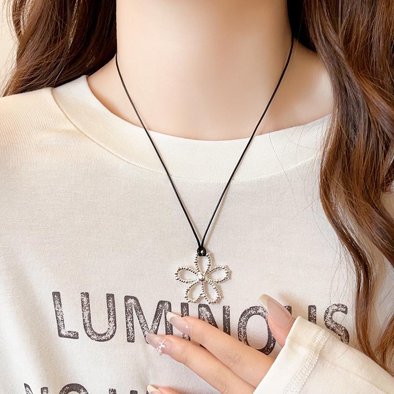 Silver Hollow Flower Pendant Necklace with Adjustable Leather Cord - 2025 Trendy Light Luxury Clavicle Chain