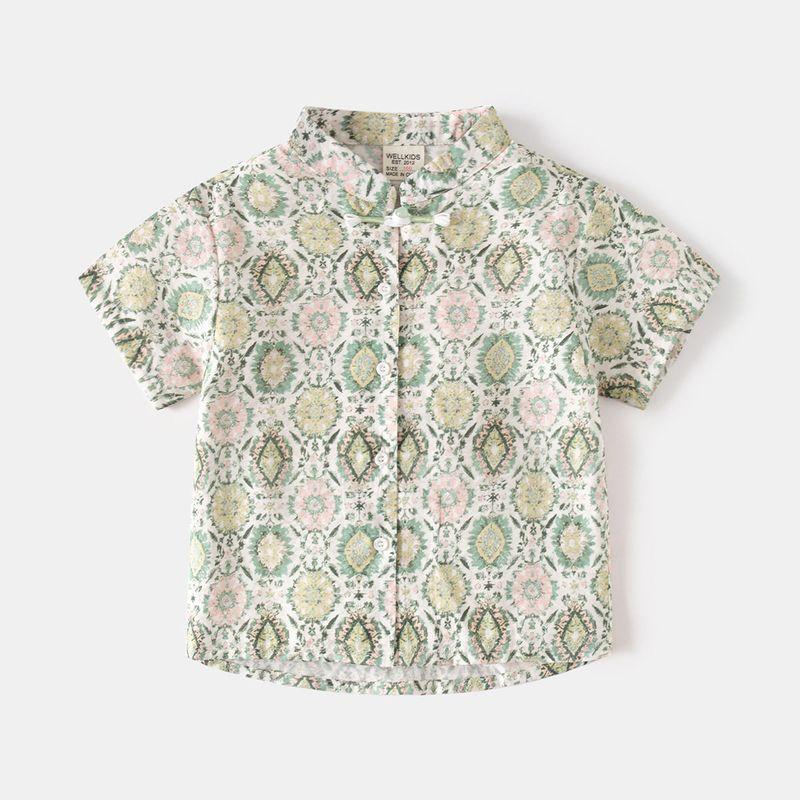 Boys' Chinese Style Short Sleeve Shirt Children's Summer Clothing Baby Stand Collar Shirt Kids Frog Button Floral Print Casual Tops