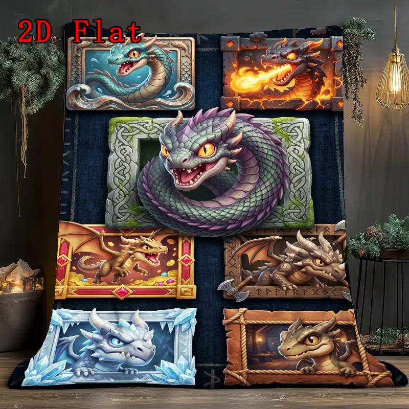 Dragons Mythical Frames 2D Flat Pattern Flannel Blanket, High Quality All Seasons, Home Decor, Warmth and Comfort, Perfect for Christmas Gifts.