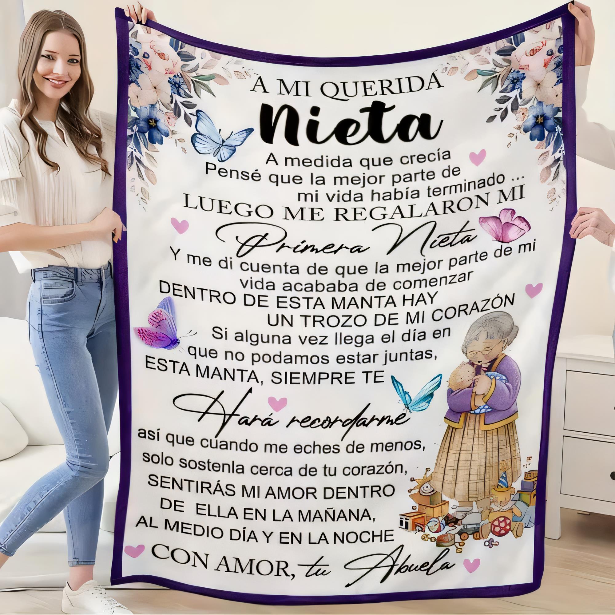 

Heartfelt To My Dear Granddaughter Decorative Blanket Soft White with Purple Border, Butterfly and Heart Illustrations, Cozy G 75cmx90cm