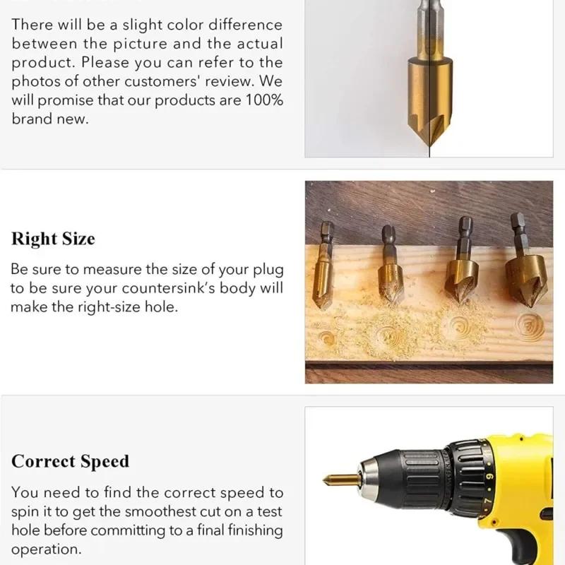 3/6pcs Countersink Drill Bit Set 1/4'' Hex Shank HSS 5 Flute Countersink 90 Degree Wood Chamfering Cutter Chamfer 6mm-19mm