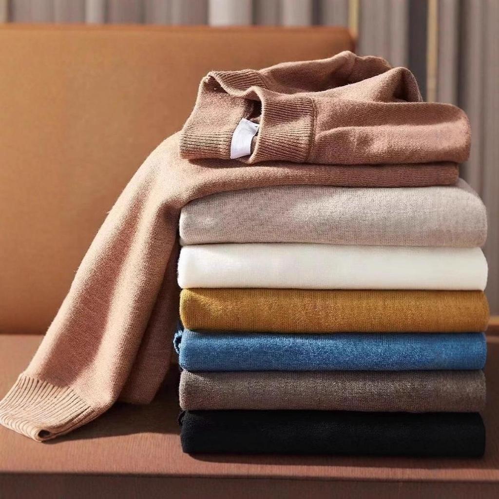 Men's Solid Color Wool Knit Sweater - Half-High Neck, Warm, Trendy Autumn/Winter Base Layer