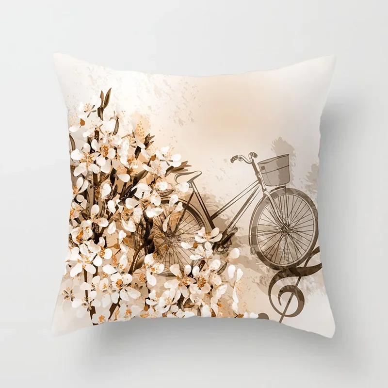 Kissenbezug für Wohnzimmer und Schlafzimmer, Polyester-Kissenbezug mit Blumen- und Fahrradmuster, Kissenbezug, Funda de Almohada