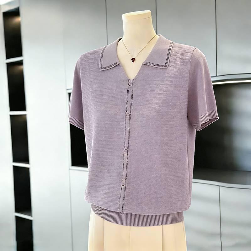 

Mom s Summer Style Ice Silk Lapel T-Shirt - Short Sleeve, 2026 Edition for Middle-Aged & Elderly Women 2XL (100-115 jin)