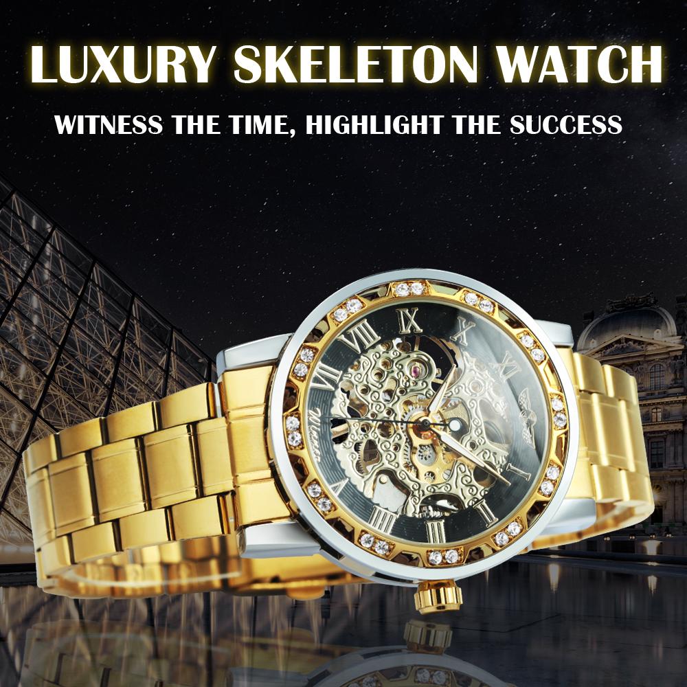 WINNER Retro Gold Mens Watches Top Brand Luxury Mechanical Watch for Men Stainless Steel Strap Business Skeleton Watch Luminous