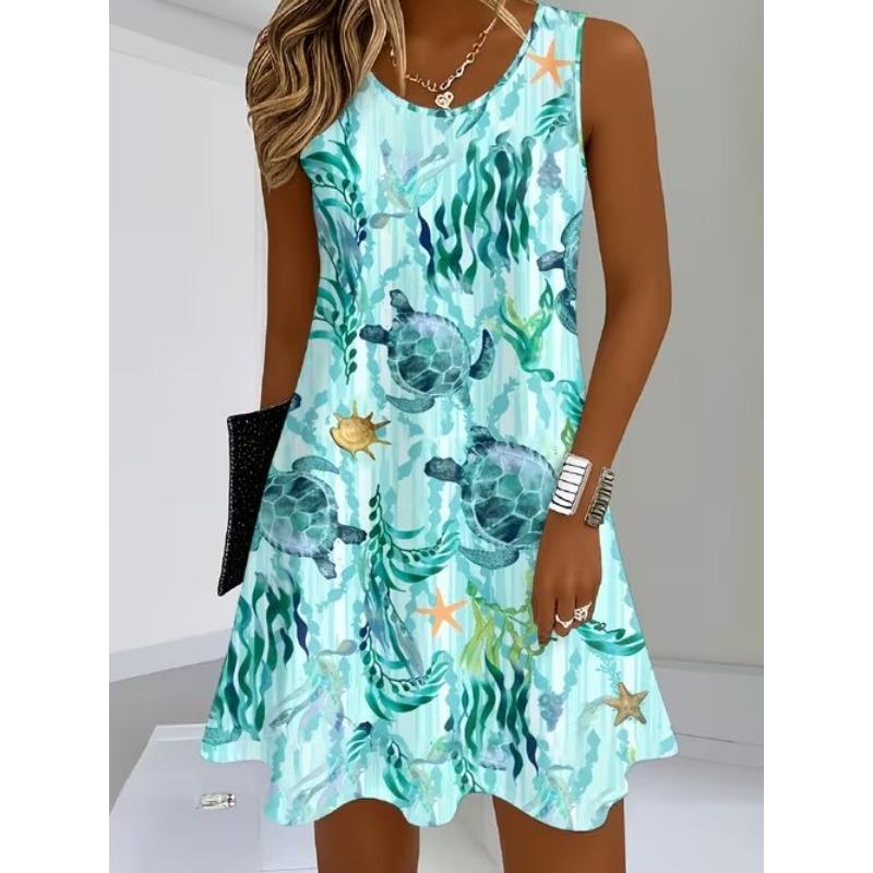 Women's Vintage Pattern Printed Sleeveless Round Neck Dress Loose Soft and Comfortable Plus Size Dress