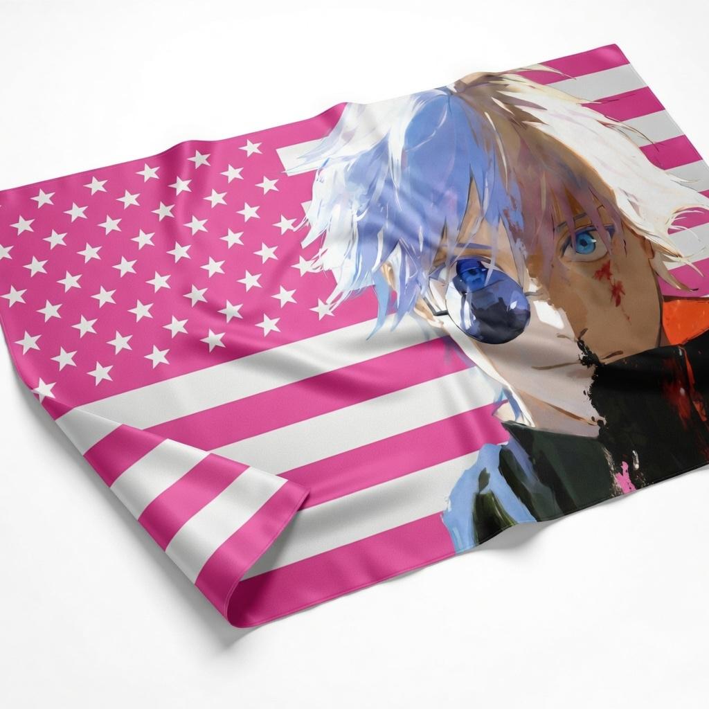 Japanese Anime Style Cool Guy Tapestry Flat Print Pink Star Stripe Flag Wall Art For Living Room Bedroom Dormitory Decor