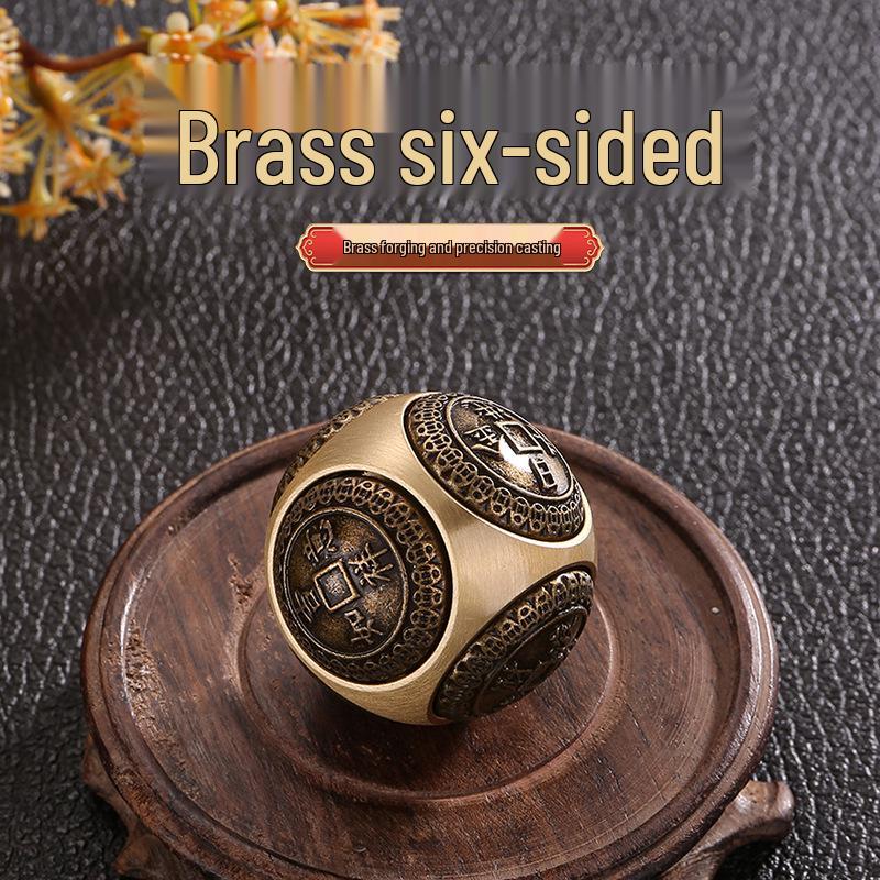 Brass Rotating Handle with Six-Sided Ball and Five Emperors Coins Desktop Ornament