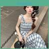 French Chic Plaid Belted Slip Dress With Backless Design For Spring Vacation