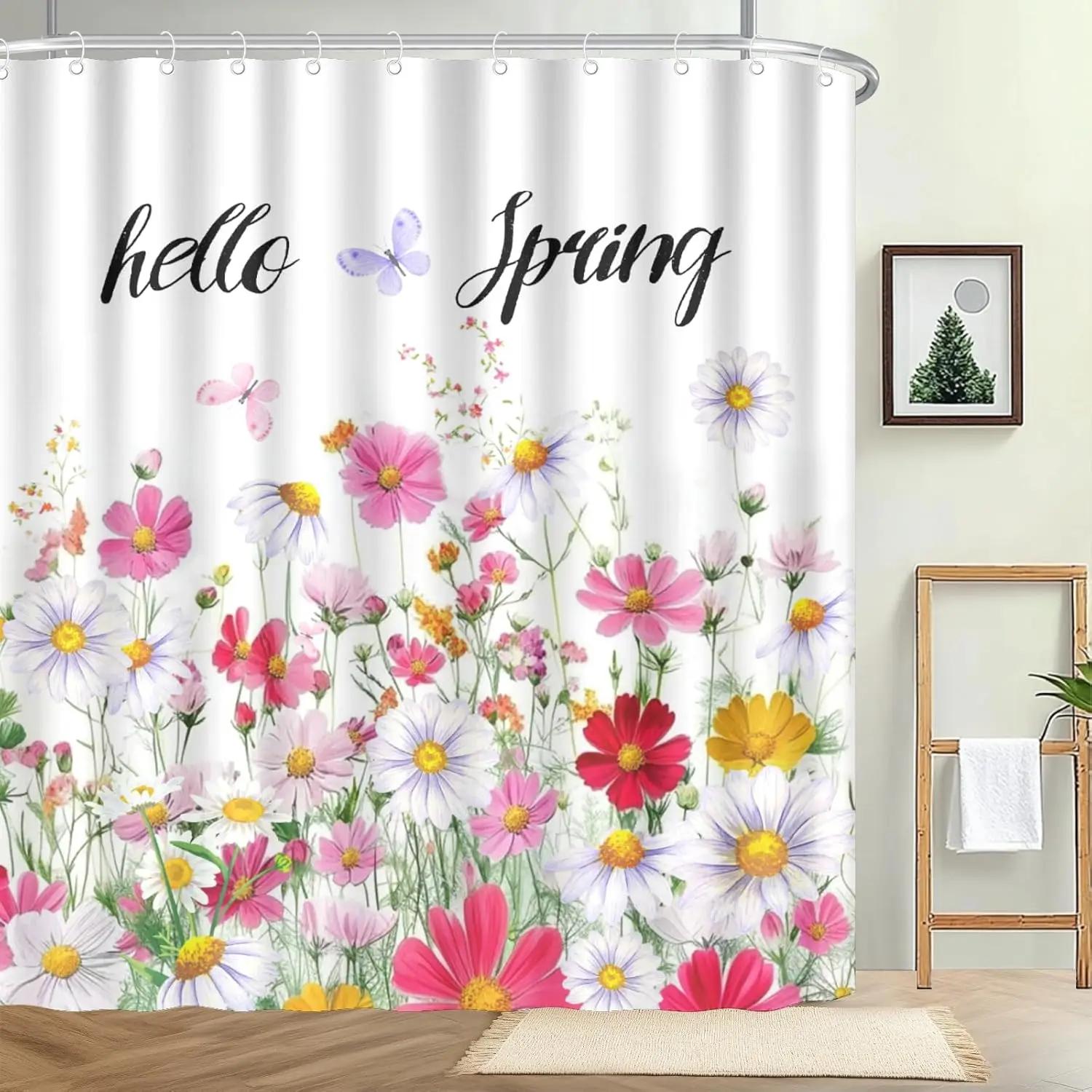 

Hello Spring Shower Curtain For Bathroom Colorful Flowers Waterproof Polyester Fabric With Hooks For Bath Decoration 72X72 In W60H190(CM)-1 Pcs