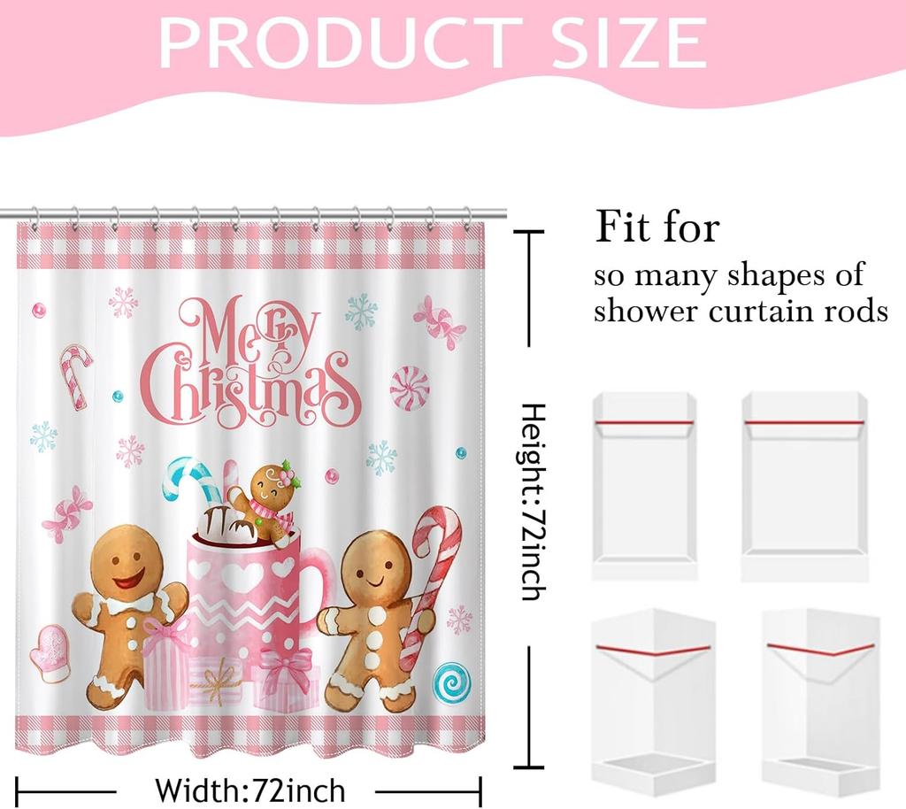 Merry Christmas Shower Curtain Pink Checked Cute Gingerbread-Man Shower Curtain With 12 Hooks Winter Snowflake Xmas Candy Bath