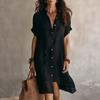 2026 European and American new shirt skirt fashionable and casual solid color short-sleeved button medium and long dress