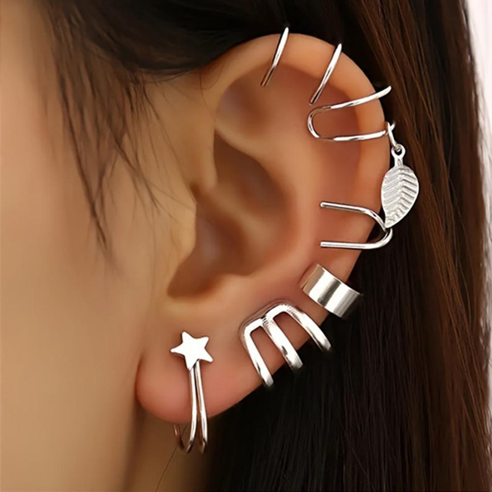 5pcs/set Trendy Elegant Design Ear Cuff Classic Elegant Style Gifts Women's No Piercing Clip Silver Earrings Circle Leaf Shaped