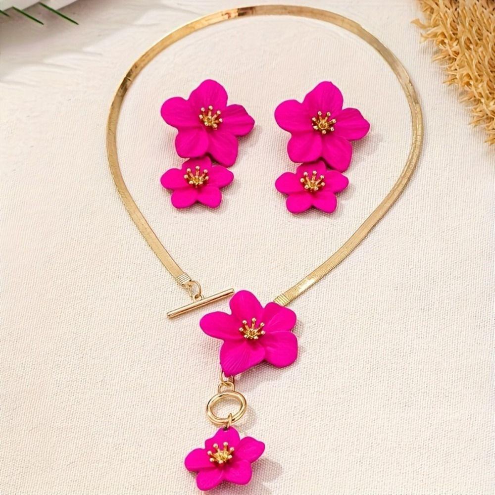 Bohemian Style Metal Jewelry Set Snake Chain Pendant Jewelry Flower Necklace Earrings  Women