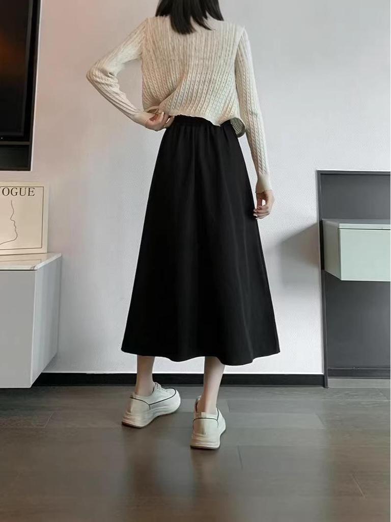 European & American Slimming High Waist A-line Midi Skirt with Large Hem