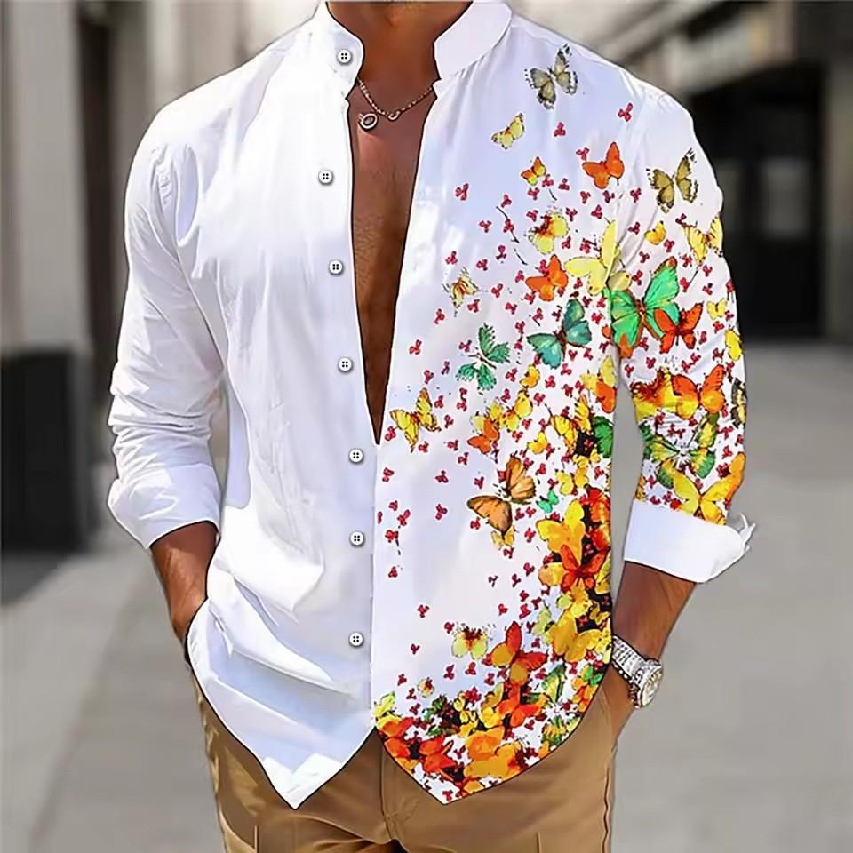 Herren Langarmhemd Polyester Umlegekragen Schmetterling Blumenprint