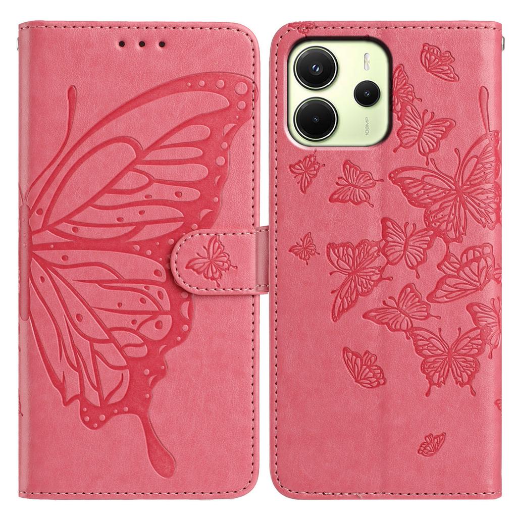 Für Xiaomi Redmi Note 14 4G (163,25 mm) Hülle Schmetterling geprägt Brieftasche Ständer PU Leder Klapphandyhülle mit Riemen