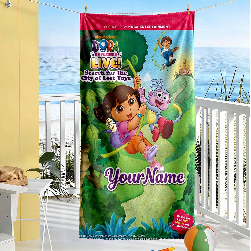 Dora Explorer Customizable Name Beach Towel Quick-Dry Soft Microfiber Suitable for Swimming Gym Camping Yoga Vacation