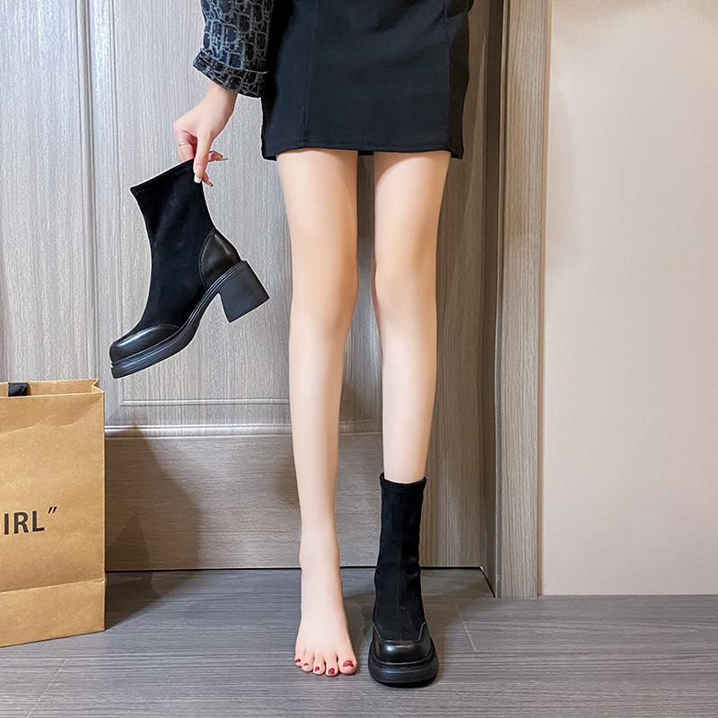 Comfortable Soft Sole Elastic Women's Fashionable Versatile Thick Heel High-heeled Short Boots Autumn and Winter New Martin Boots