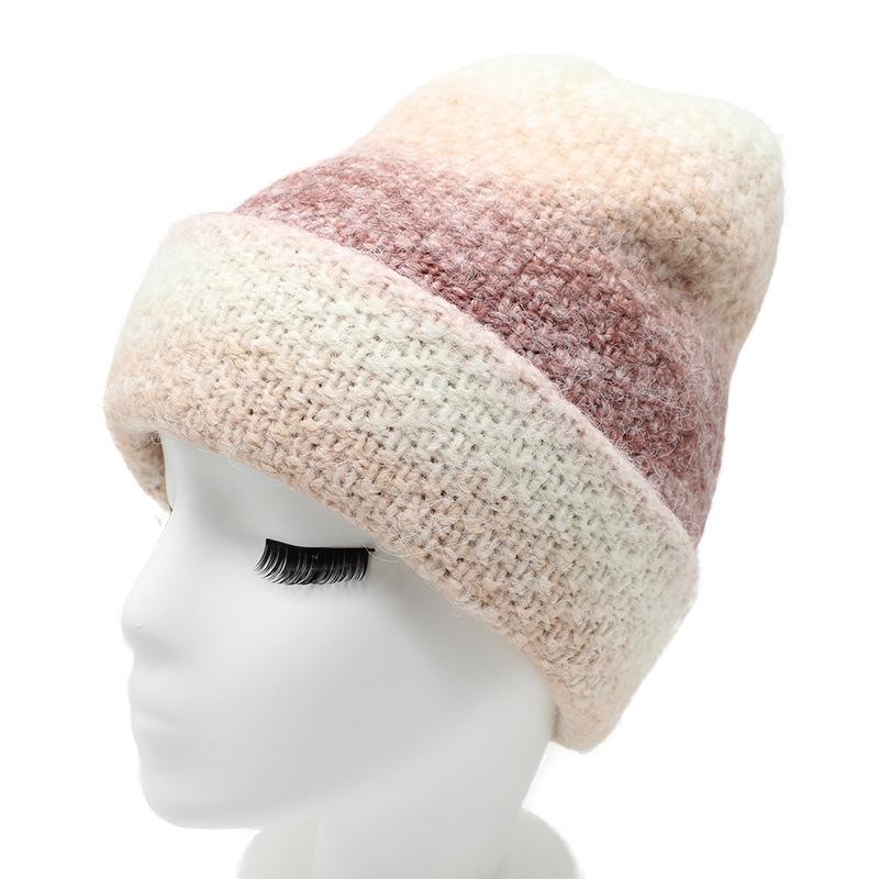 Tie-Dye Gradual Change Color Rabbit Hair Wool Hat Women'S Warm Rainbow Knitted Hat Ear Protector Pullover Hat