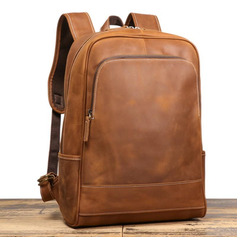 European American Retro Men s Crazy Horse Leather Backpack Genuine Travel Top Layer Cowhide Computer