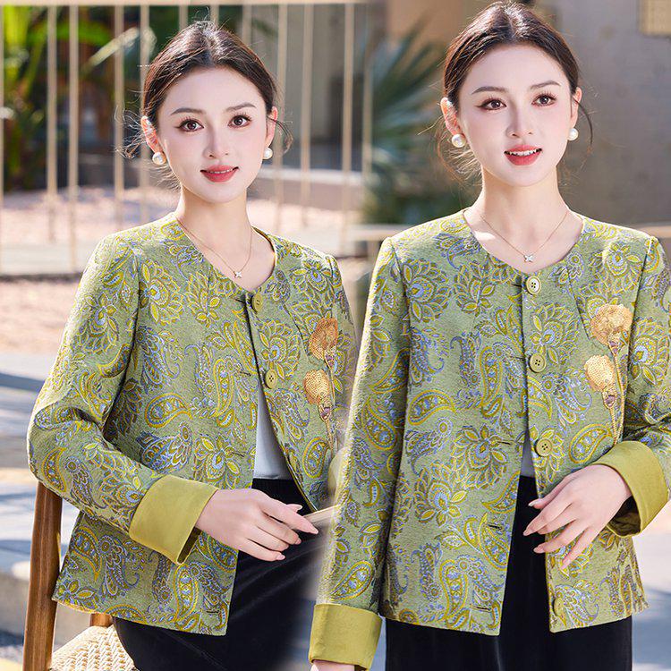 

Mom s 2026 Chinese Style Tang Jacket - Stylish Spring/Autumn Frog Button Top for Middle-Aged and Elderly Women 4XL зелений