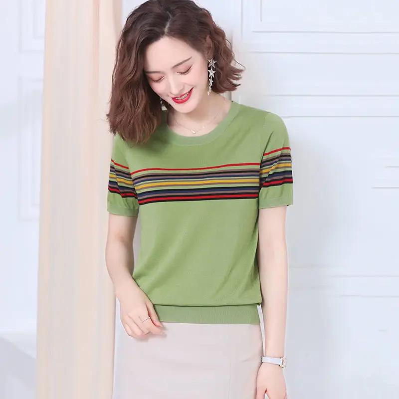 Summer Women's Striped Knit T Shirt Casual Short Sleeve Sweater Top