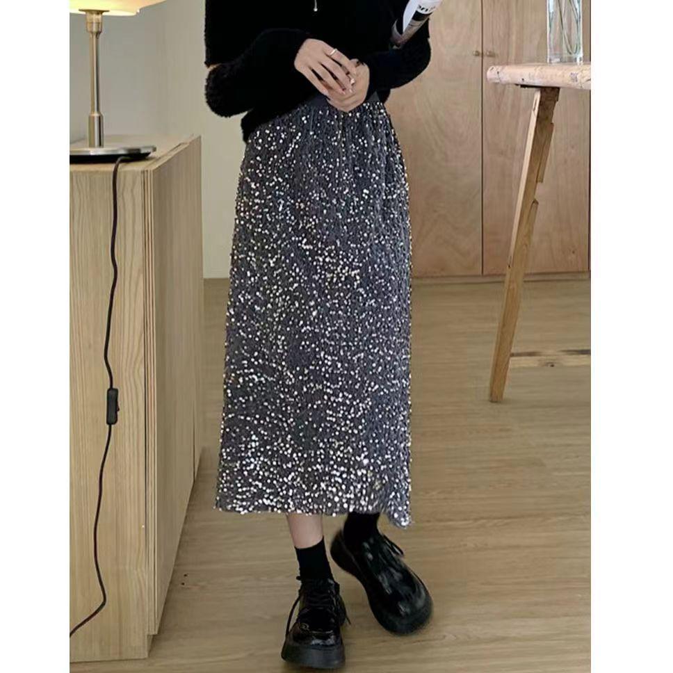 Hoher schwarzer Samt-Pailletten-Rock mit Schlitz für Damen - Beliebter langer Rock für Frühling, Herbst, Winter