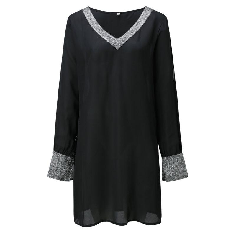 Plus size women clothing Fat Sister European Autumn New V-neck Sequins Patchwork Arm-Exposed Leisure Long sleeve dress S-5XL