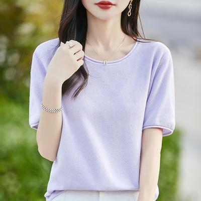 Summer Pure Cotton Rolled-up Low Round Neck Women's Short-sleeved Solid Color Casual Versatile Fresh Dry Comfortable Sweater T-shirt