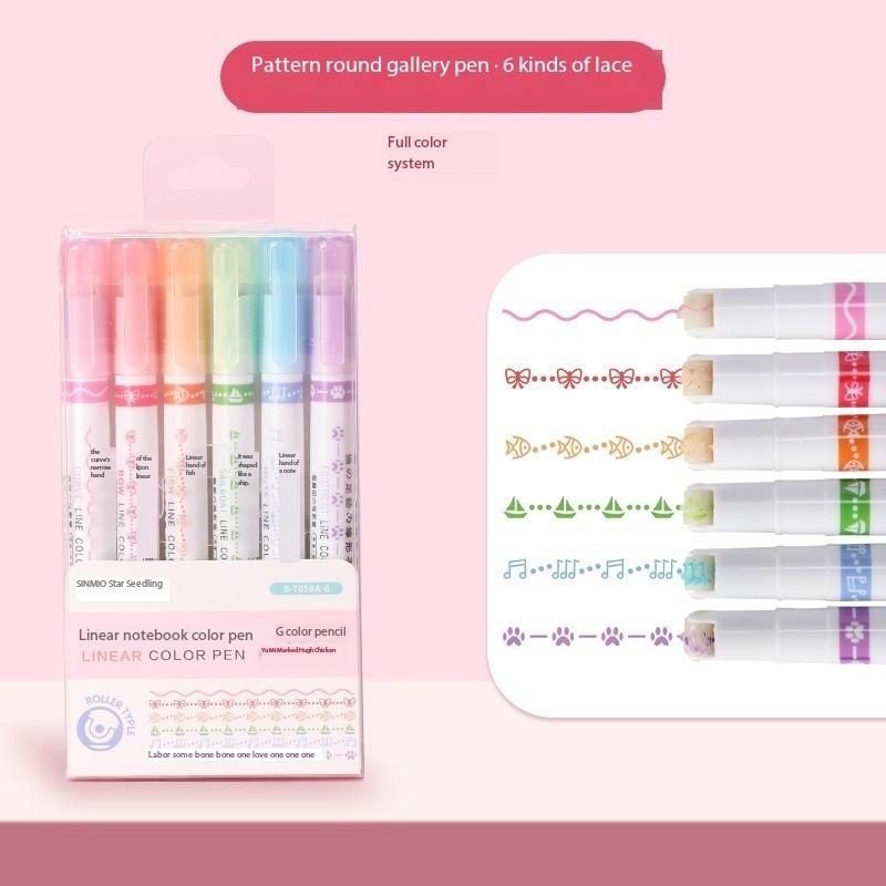 6pcs Line Shaped Highlighter Roller Tip Curve Liner Marker Pens Graffiti Pen Kawaii Korean Stationery School Office Supplies