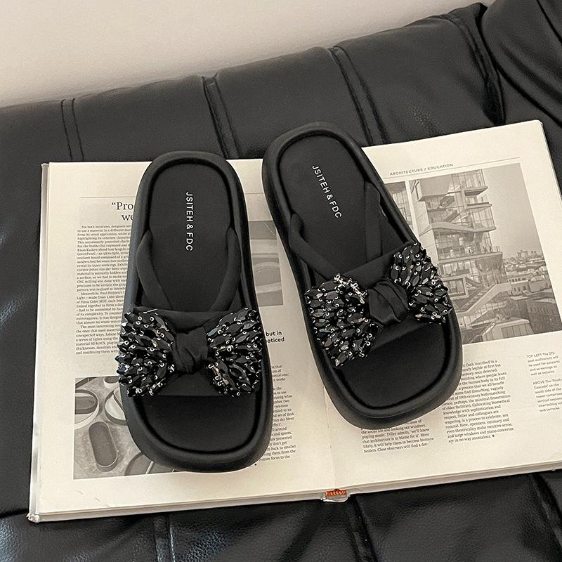 

Дизайн темперамент стразы сандалии бант толстая подошва увеличивающие рост крутые тапочки женские летние модные повседневные тапочки на одно слово 35