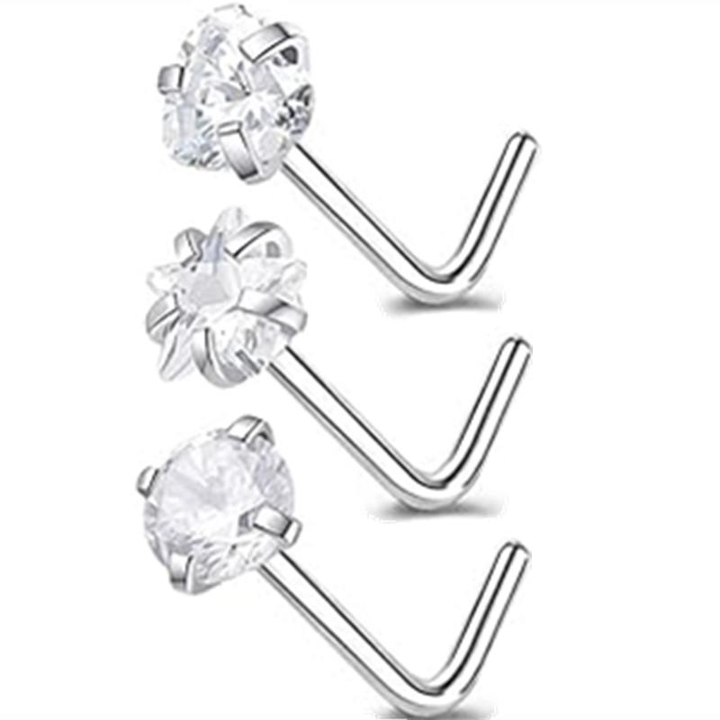 3PC Stainless Steel Flower Nose Piercing Stud Set L Shape Pink Nose Ring Studs Pack Indian Nose Jewelry Bulk Piercing Nariz Lote