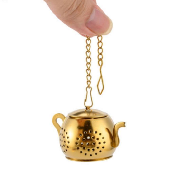 Metal Tea Strainer Teapot Shape Loose Tea Infuser Stainless Steel Leaf Tea Maker Strainer Chain Drip Tray Herbal Spice Filter