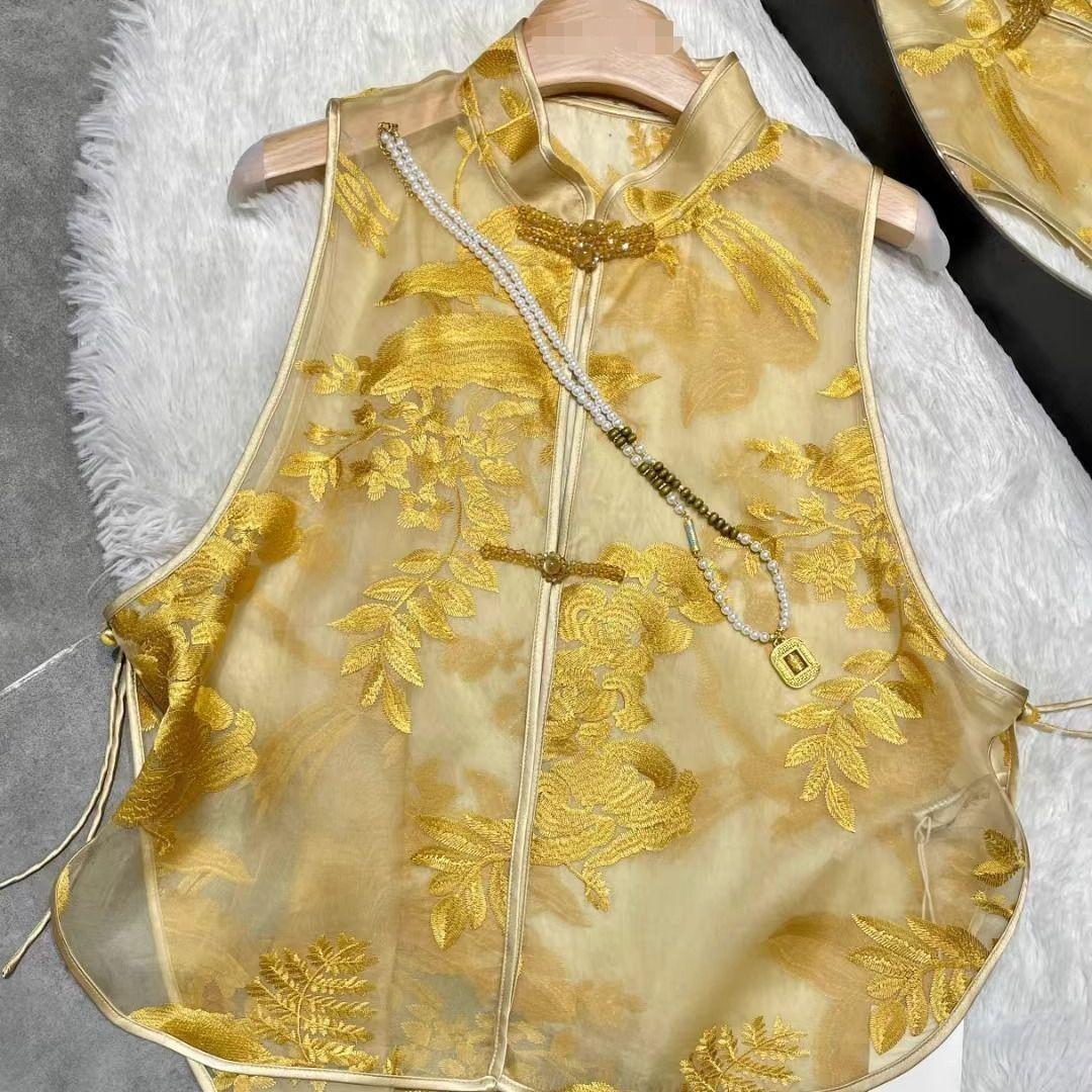 

Embroidered Chinese vest antique top summer fashion new temperament retro Chinese stand-up collar 2025 M (under 50kg recommended)
