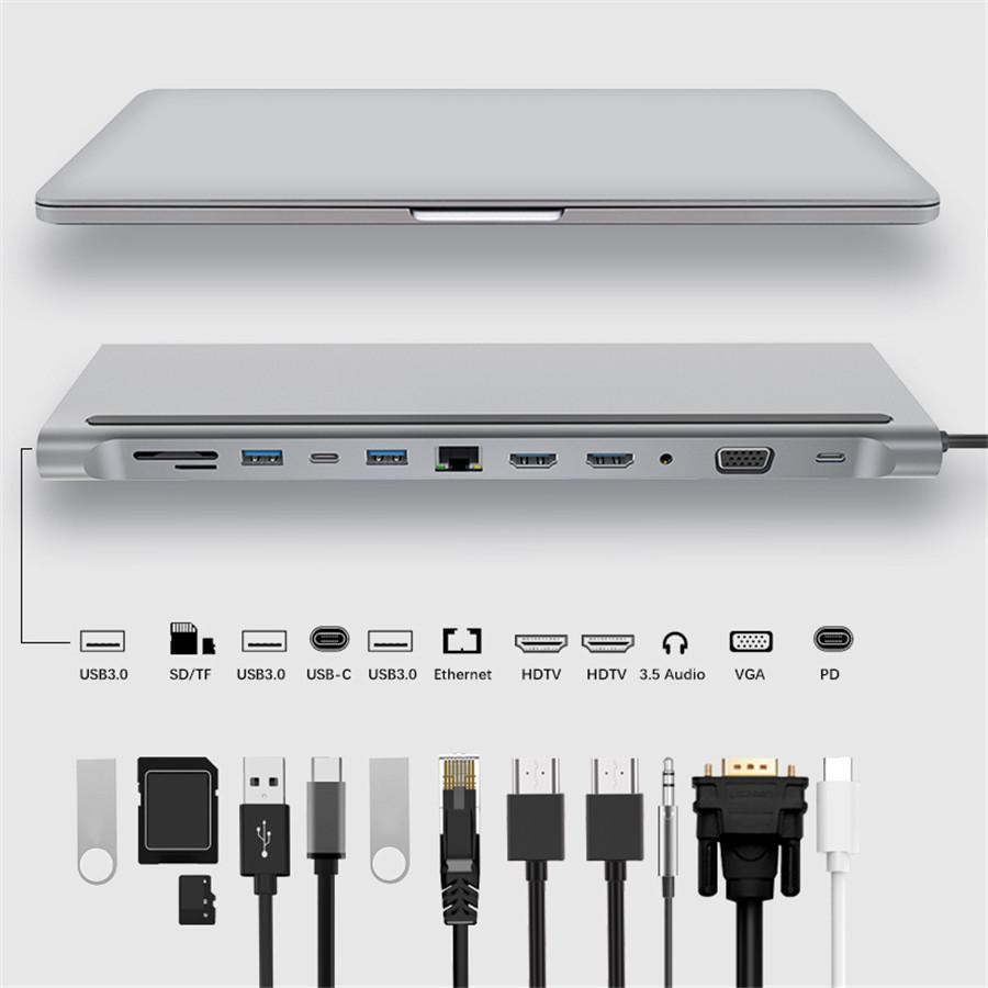 12-in-1 Typ-C Hub USB 3.0 VGA RJ45 USB-C 3,5mm Adapter für Laptop Notebook
