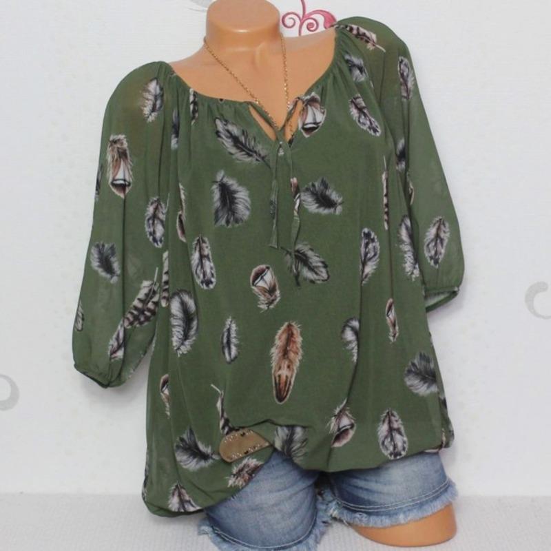 

Женские летние осенние повседневные топы с принтом перьев, рубашки с короткими рукавами, блузки, топ 5XL зелёный