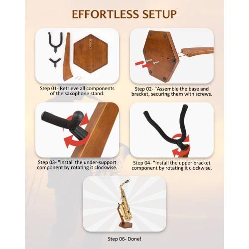 Suport pentru saxofon STRICH, Lemn masiv, pentru Alto și Tenor, Suport stabil de podea cu bază grea, Culoare nuc, FH-4