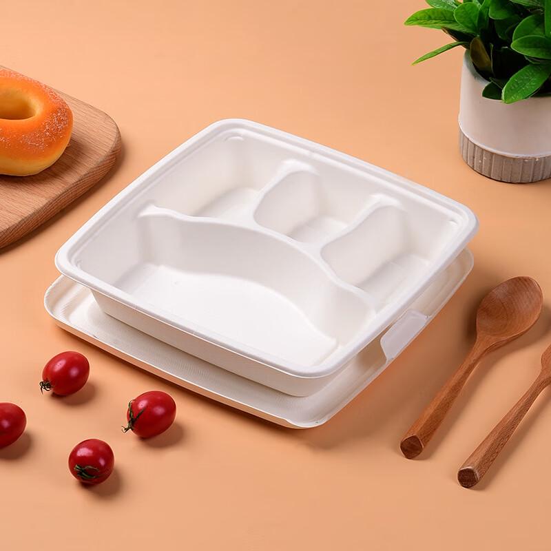 Disposable Sugarcane Pulp 4-Compartment Food Tray with Lid