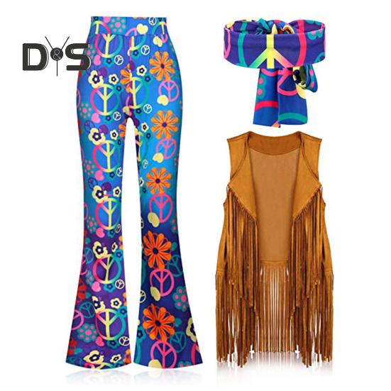 Kobiety kostium hipisowski stroje Retro rozkloszowane spodnie kamizelka z frędzlami zestaw opasek na Halloween Cosplay taniec w klubie nocnym