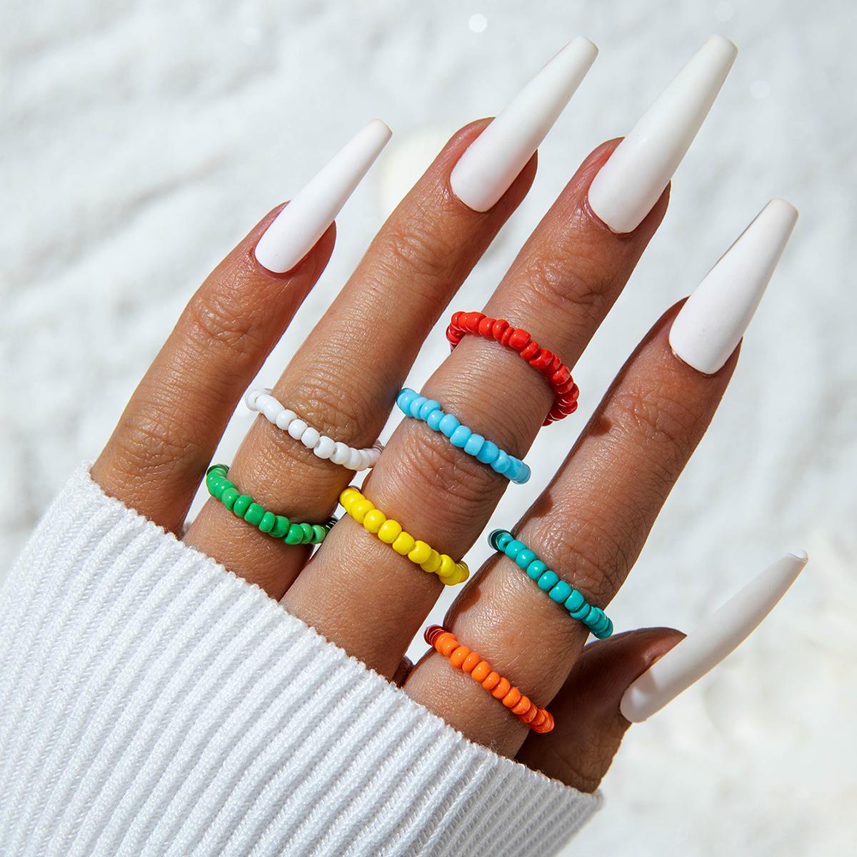 

Boho Frangipani Bead Joint Ring Sets Colorful Jewelry for Women Girls Y2k Beach Holiday Handmade Bijoux