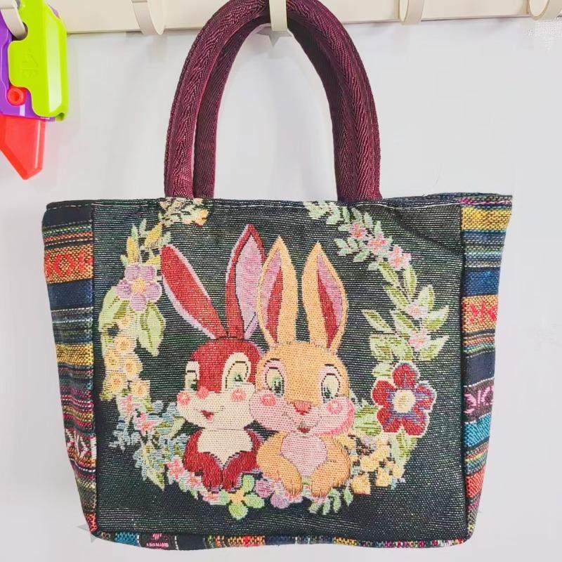 Canvas bag, women's large-capacity double-sided embroidered animal handbag, mommy bag, go shopping, handbag