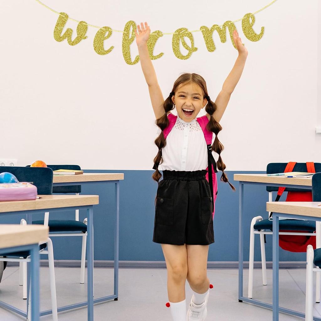 Welcome Gold Glitter Hanging Sign Banner- First Day of School, Classroom, Wedding, House, Home Decor (Gold)