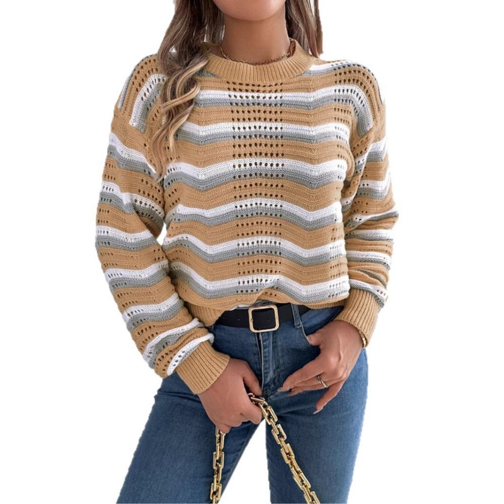 Fashionable Women's Casual Openwork Colour-Block Striped Lantern-Sleeve Pullover